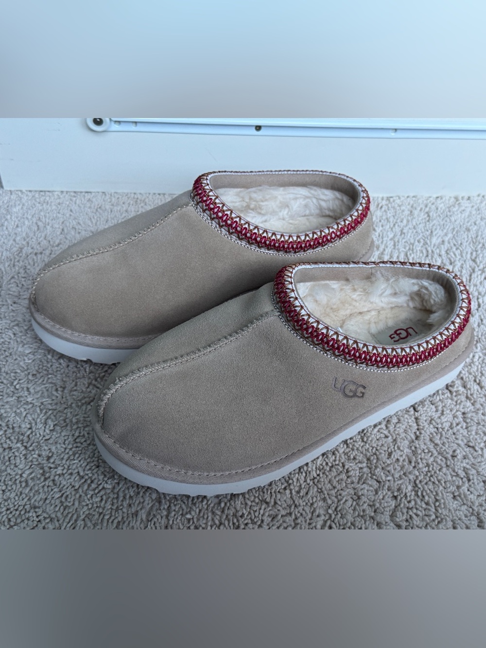 UGG Slip-On Suede Slippers in Taupe with Red Accent